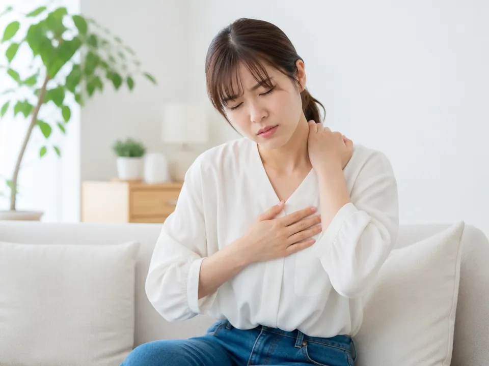 胸の重さと肩こりで首や背中まで張りを感じる女性