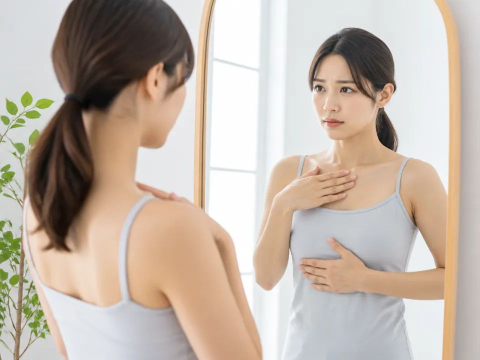 胸の重さと肩こりの出方をセルフチェックする女性