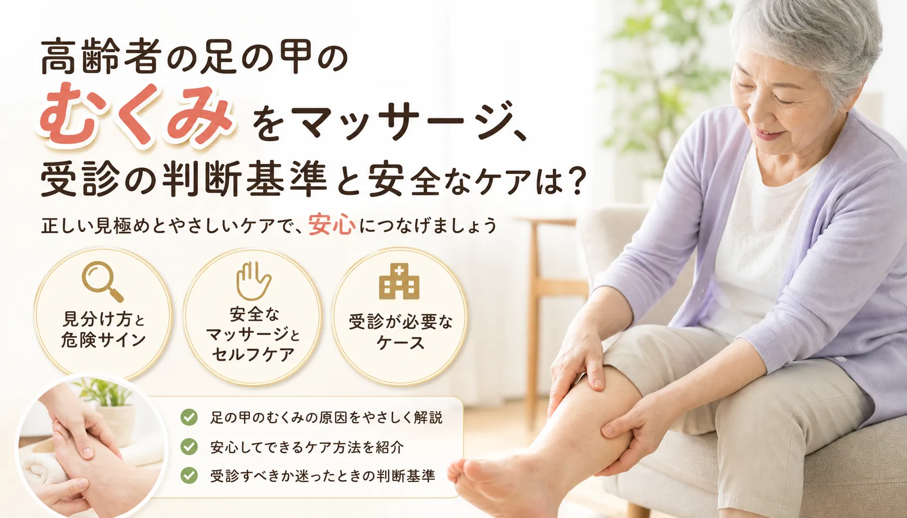 高齢者の足の甲のむくみをマッサージ、受診の判断基準と安全なケアは？