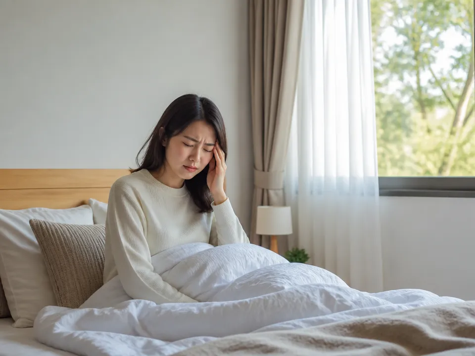朝起きた直後から頭痛でつらそうにしている人の様子