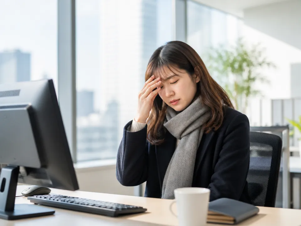 冬の午前中に頭痛を感じながら仕事をしている人の様子
