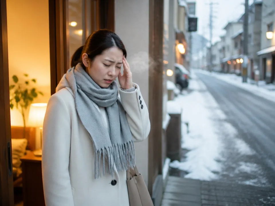 冬の寒暖差の中で頭痛を感じる人のイメージ
