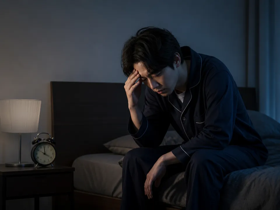 睡眠不足で朝に頭痛を感じている人のイメージ