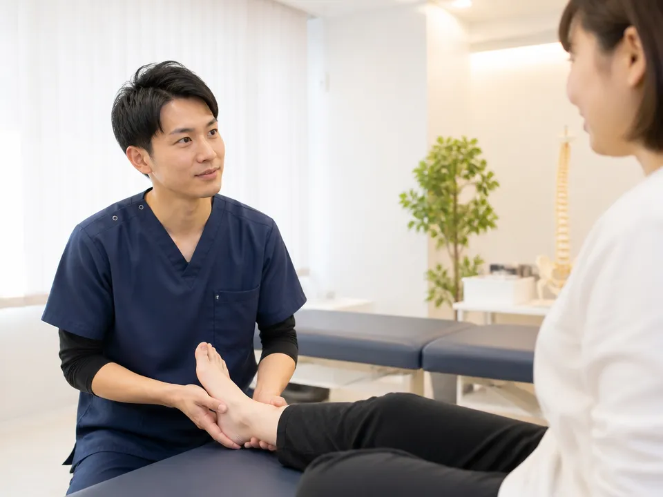 東京都足立区保木間の中村接骨院で足の不調について相談している様子