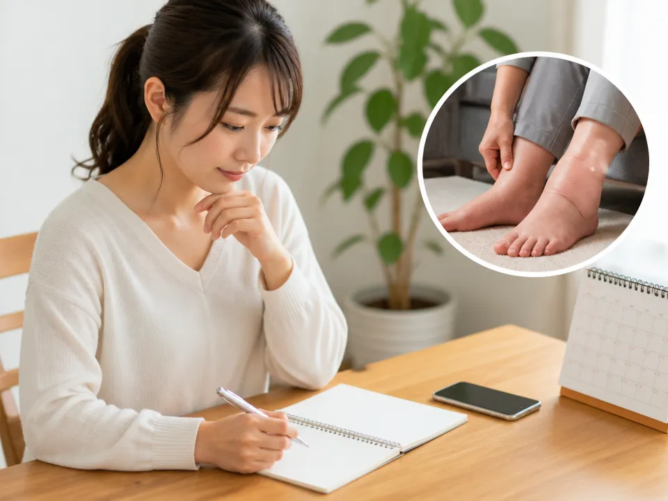 足の甲のむくみと生活への影響をメモに整理して相談準備をする人