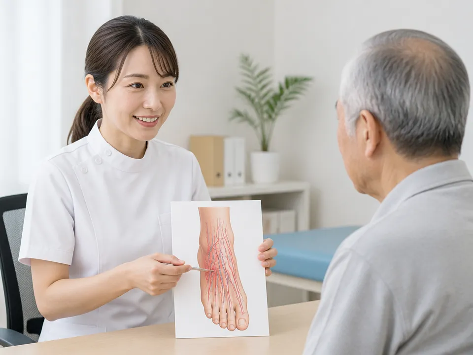 高齢者の足の甲に水分がたまりむくんでいる様子のイメージ図を説明する場面