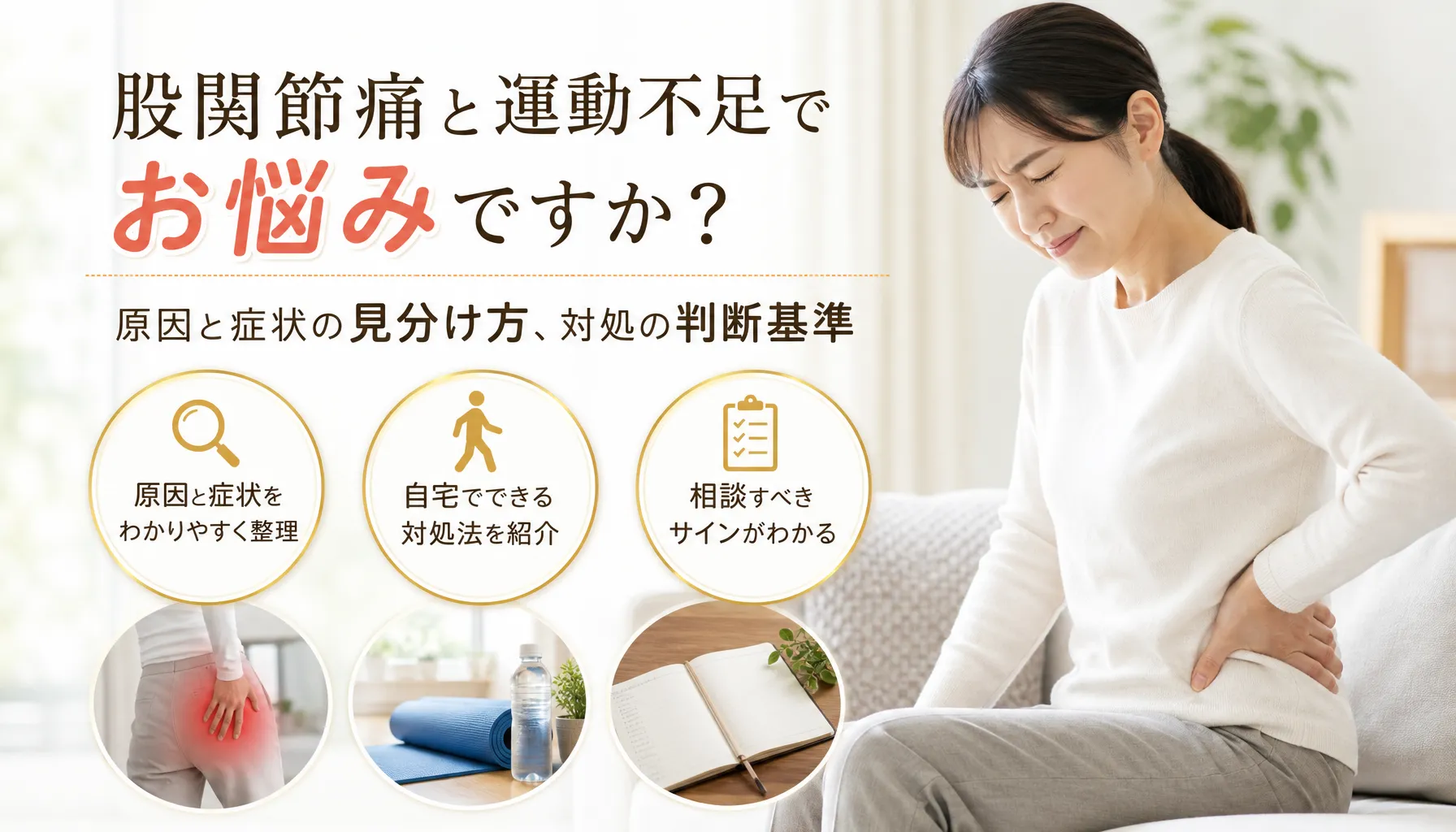 股関節痛と運動不足でお悩みですか？原因と症状の見分け方、対処の判断基準