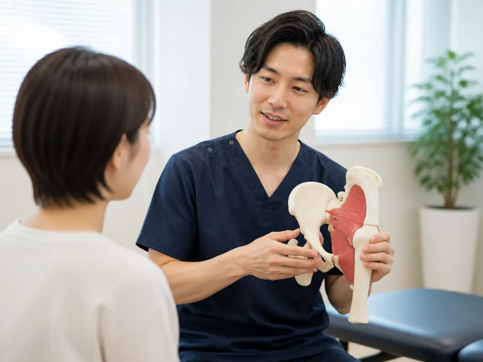 股関節まわりの筋肉モデルを使って説明する場面の写真