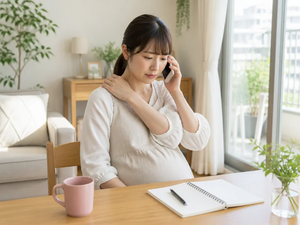 東京都足立区保木間で接骨院に肩こり相談の連絡をする妊娠初期の女性