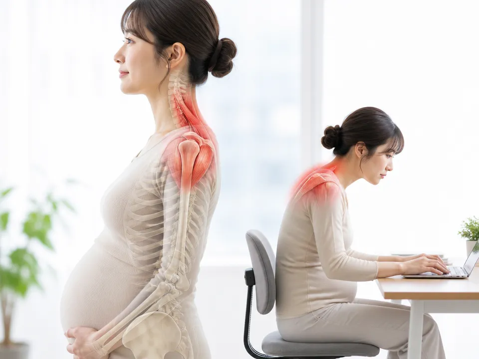 妊娠初期の体の変化で肩こりが起こりやすくなるイメージ