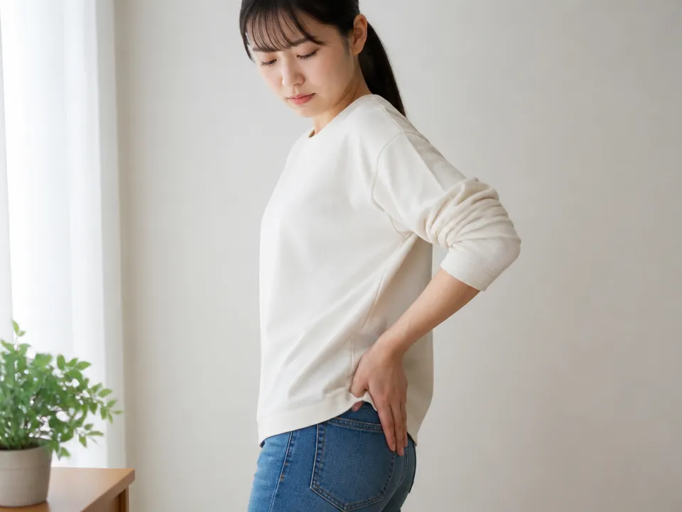 おしりの横を指で押して痛みを確認する人