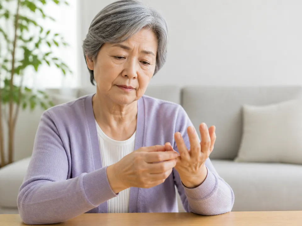指先や手のひらのしびれる範囲を確認する高齢者の手元