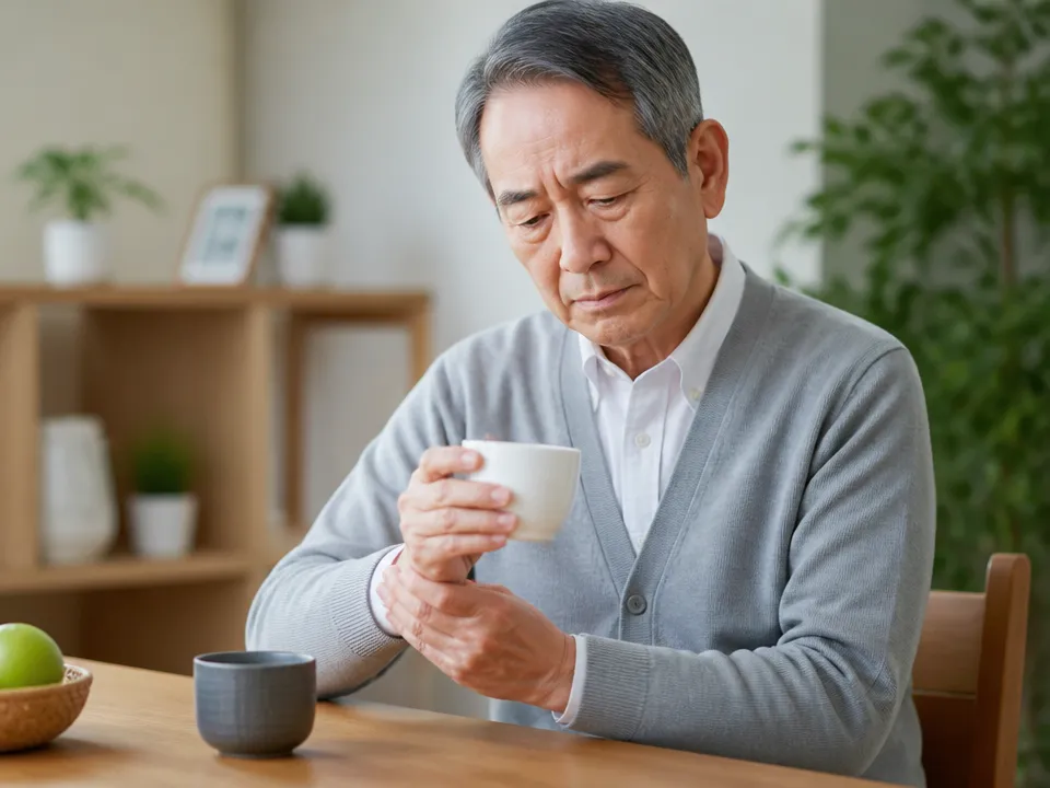 握力低下やだるさで物を持ちにくそうにしている高齢者
