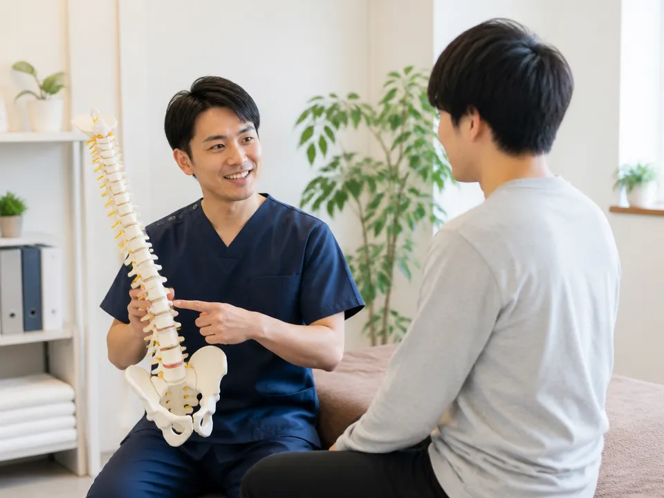中村接骨院で腰痛について相談する患者と院長