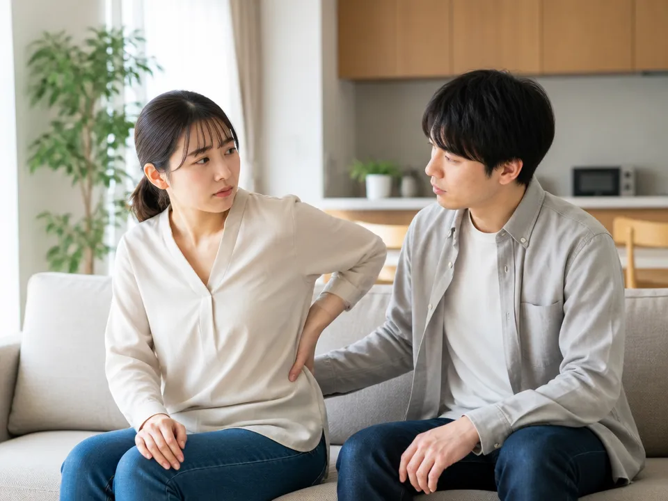 腰痛マッサージをしてよいか不安そうに話し合う夫婦