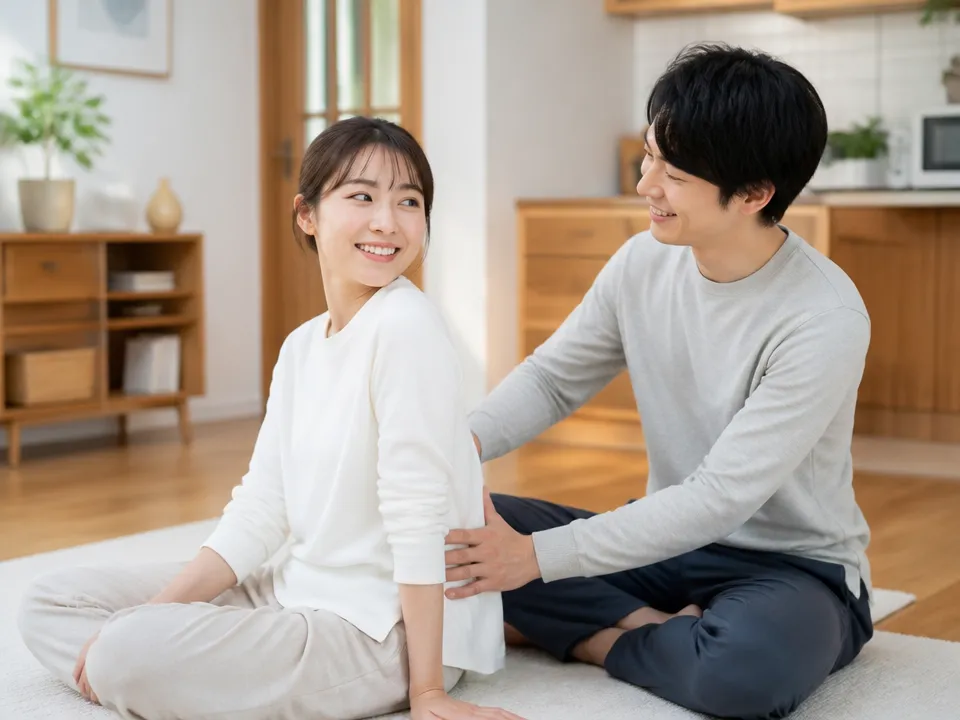 腰痛マッサージの力加減や時間を相談する夫婦