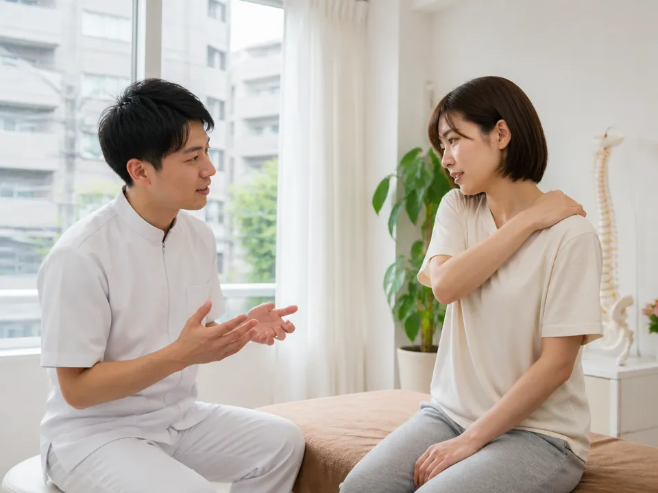 足立区保木間の接骨院で肩こりや全身の凝りを相談する様子