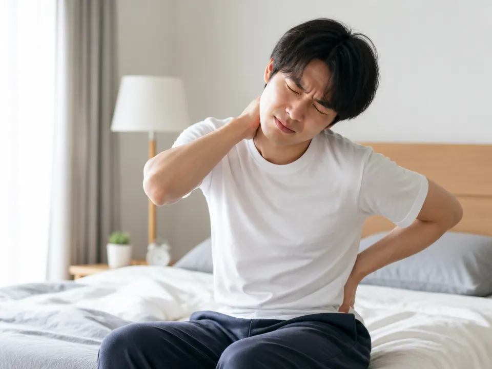 朝起きた直後から全身のだるさと凝りに悩む人の様子