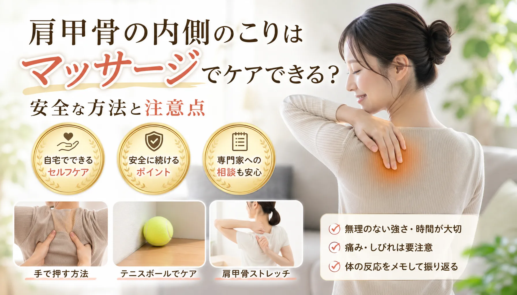 肩甲骨の内側のこりはマッサージでケアできる？安全な方法と注意点