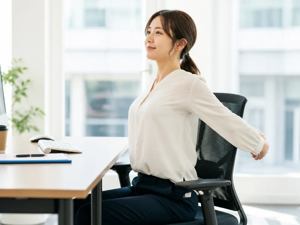 デスクワーク中に椅子に座って肩甲骨ストレッチをしている人