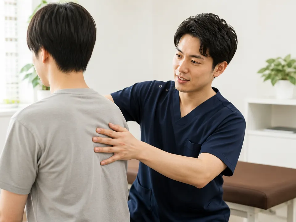 接骨院で肩甲骨まわりの状態を確認し説明する柔道整復師