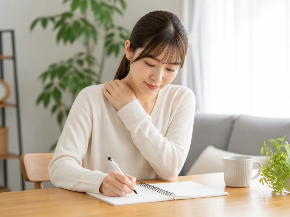 肩甲骨のこりやセルフケア内容をメモしながら相談準備をしている人