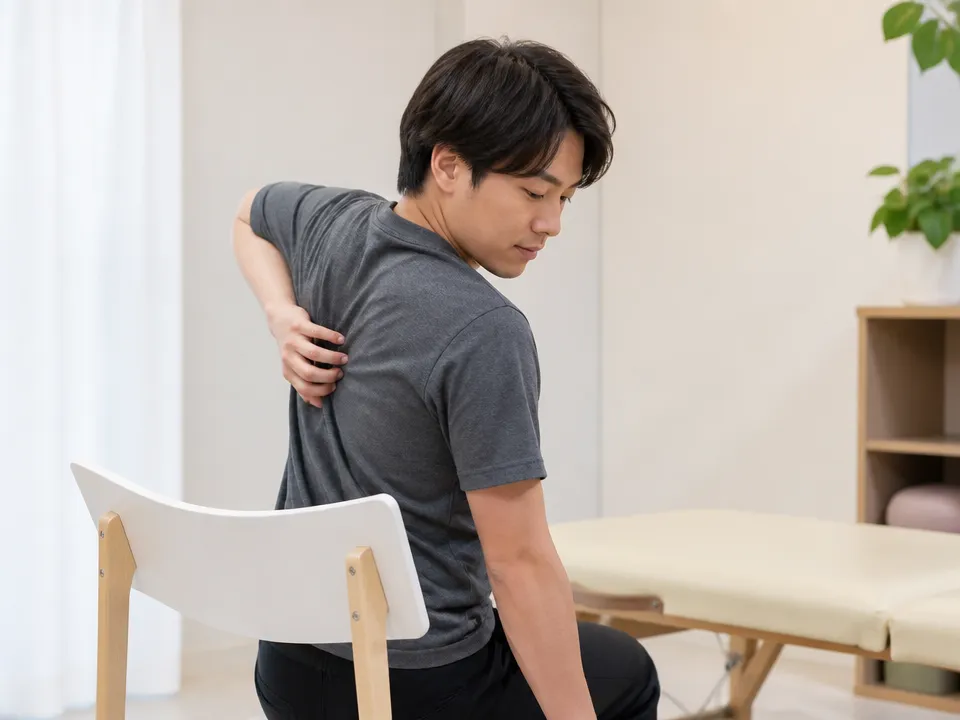肩甲骨内側を指で押してゴリゴリした感覚を確認している人