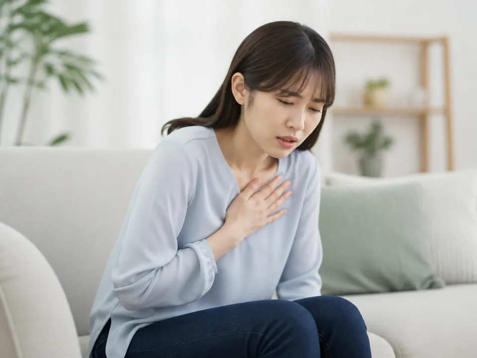 背中の痛みと息苦しさを感じて胸に手を当てている人