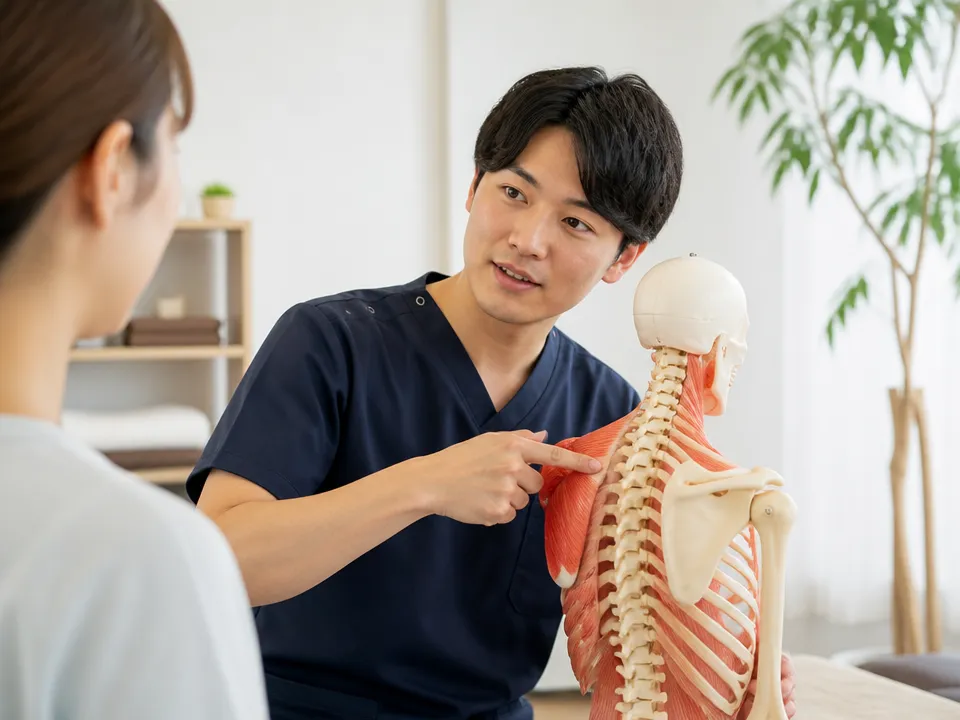 肩甲骨と首や肩の筋肉のつながりを指し示す人