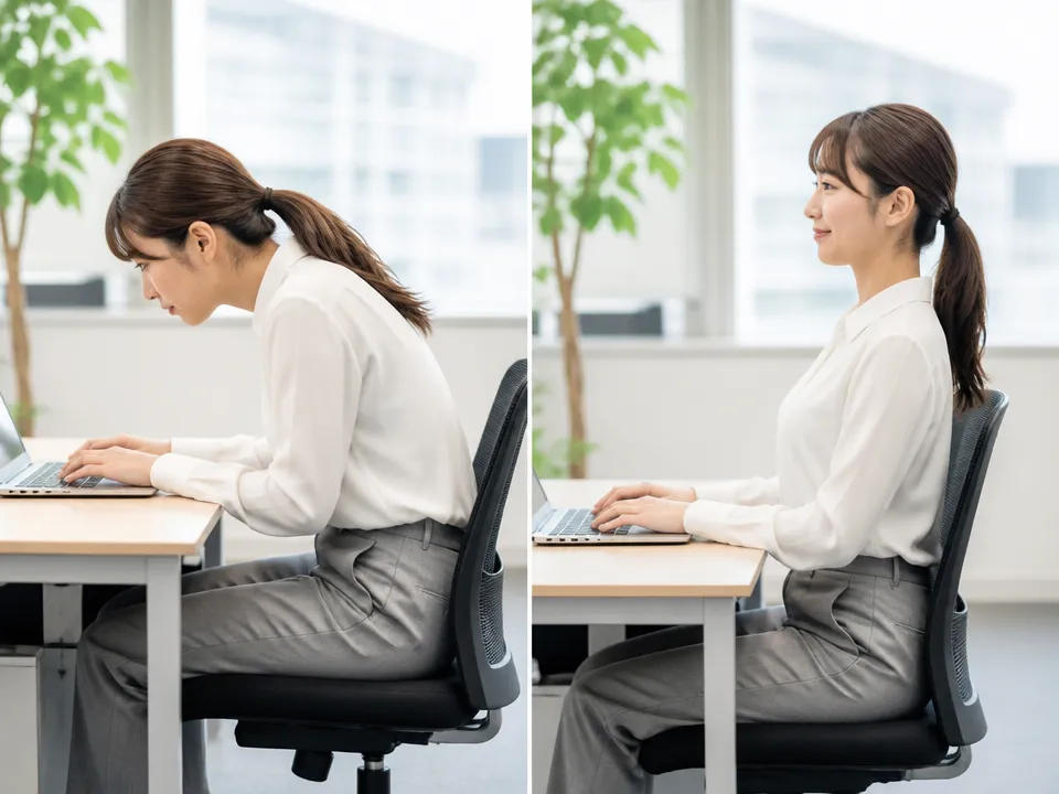 前かがみ姿勢と胸を開いた姿勢の違いを比べる人