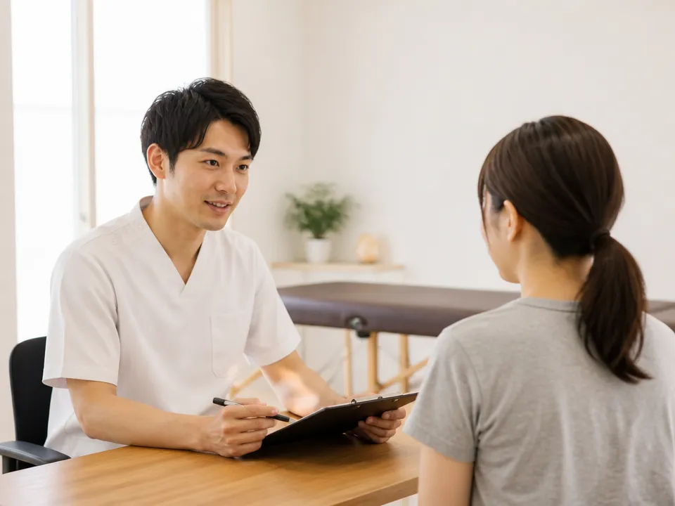 問診で足の裏の痛みについて丁寧に聞き取る柔道整復師