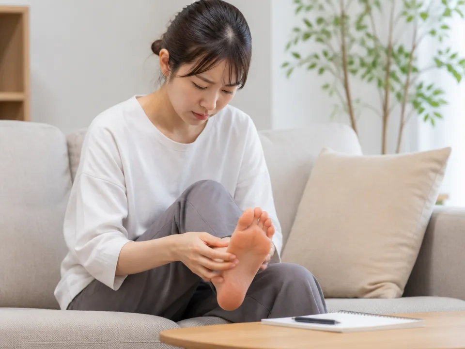 足裏マッサージ前後に痛みや腫れをチェックしている様子
