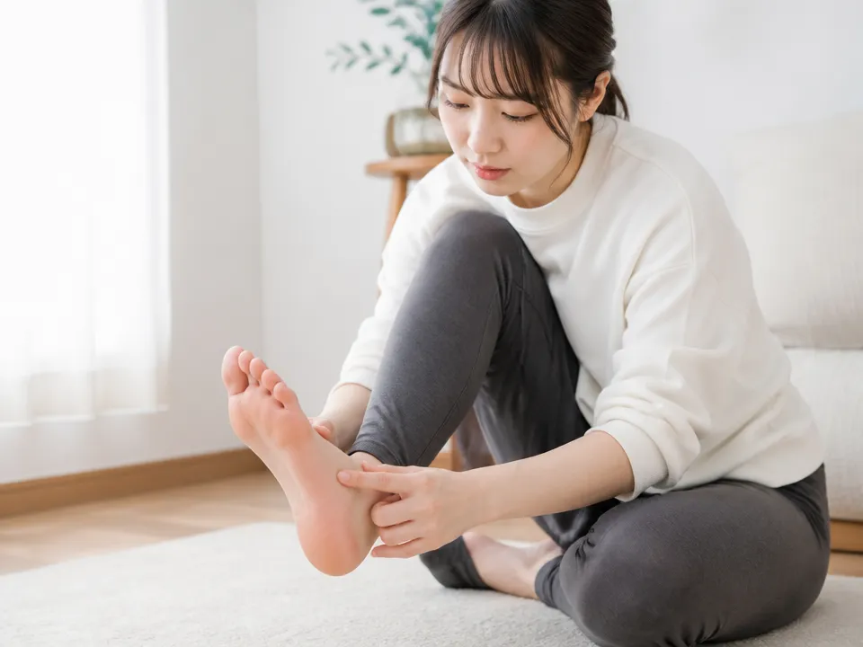 かかとや足裏の外側を指で触って痛みの違いを確かめる様子