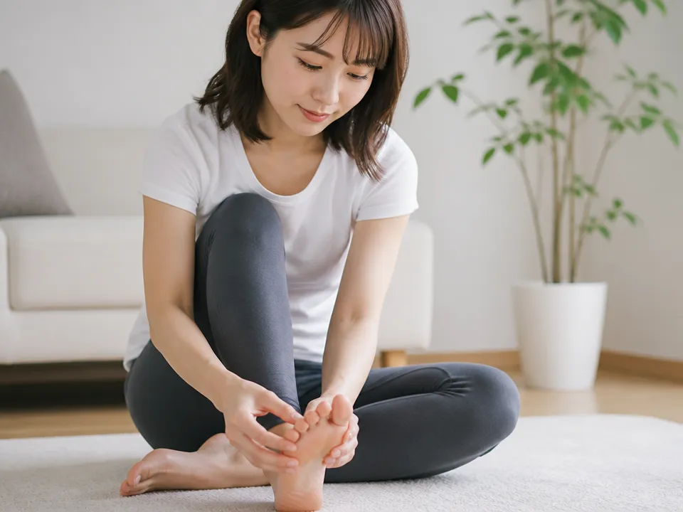 足指の付け根を両手で優しく支えて動かしている様子