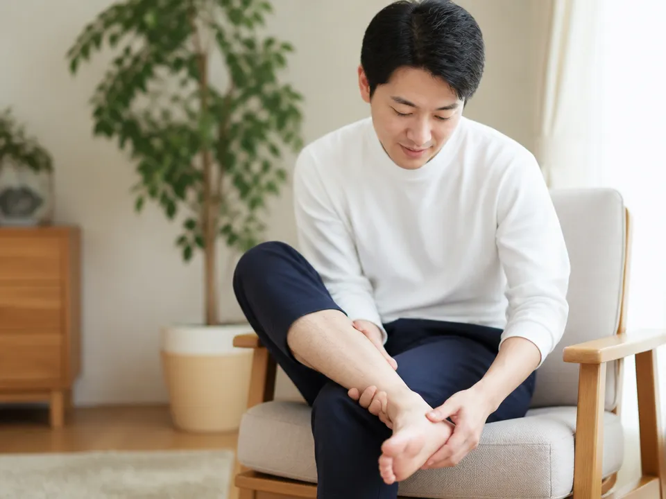 立ち仕事後に椅子に座って足裏とふくらはぎをさすっている人