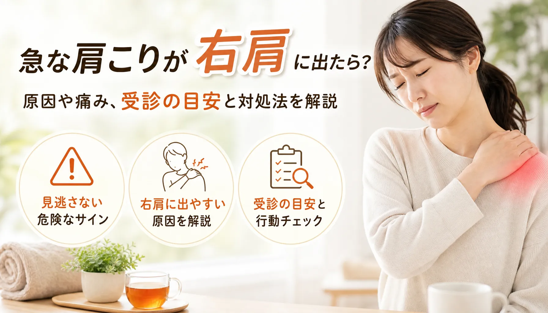 急な肩こりが右肩に出たら？原因や痛み、受診の目安と対処法を解説