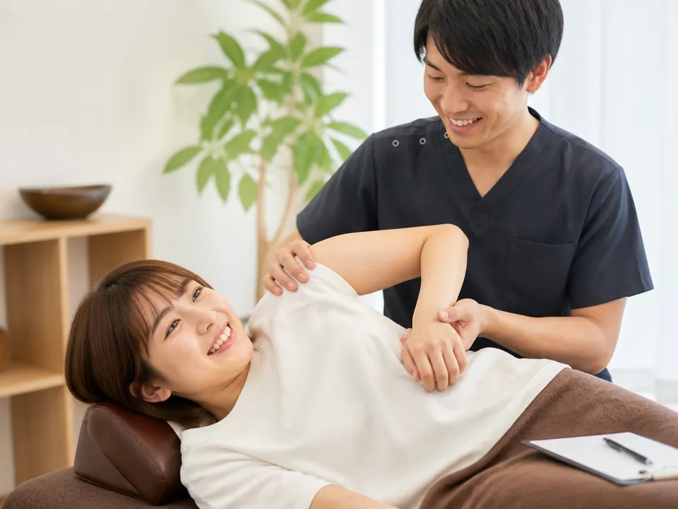 痛くない整体術とカウンセリングで右肩の痛みを相談する様子