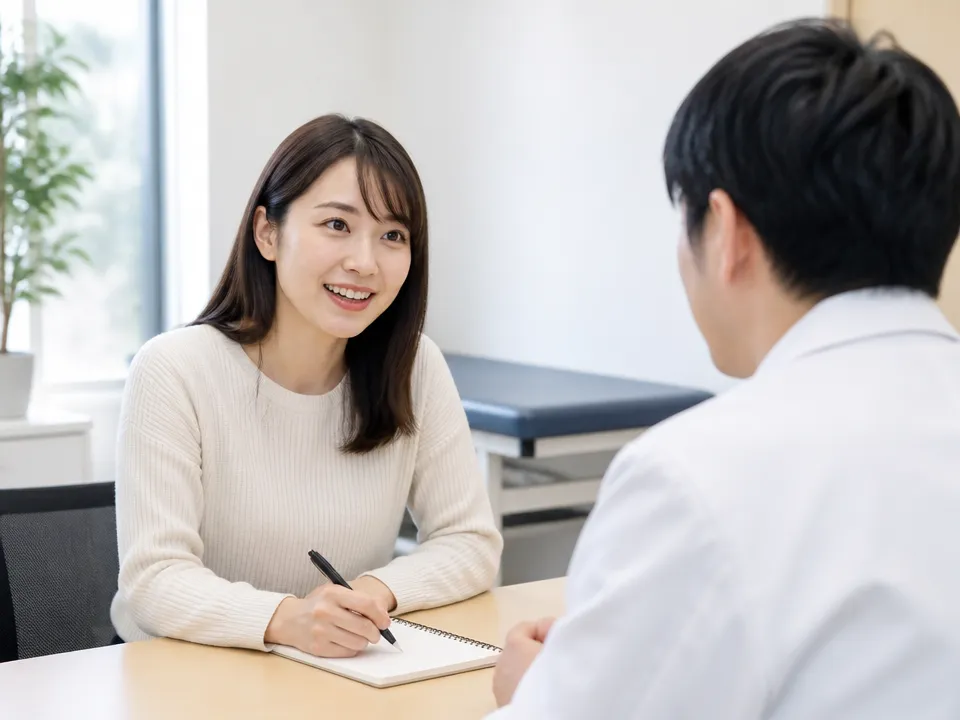 右肩の痛みの経過をメモしながら専門家に相談する人