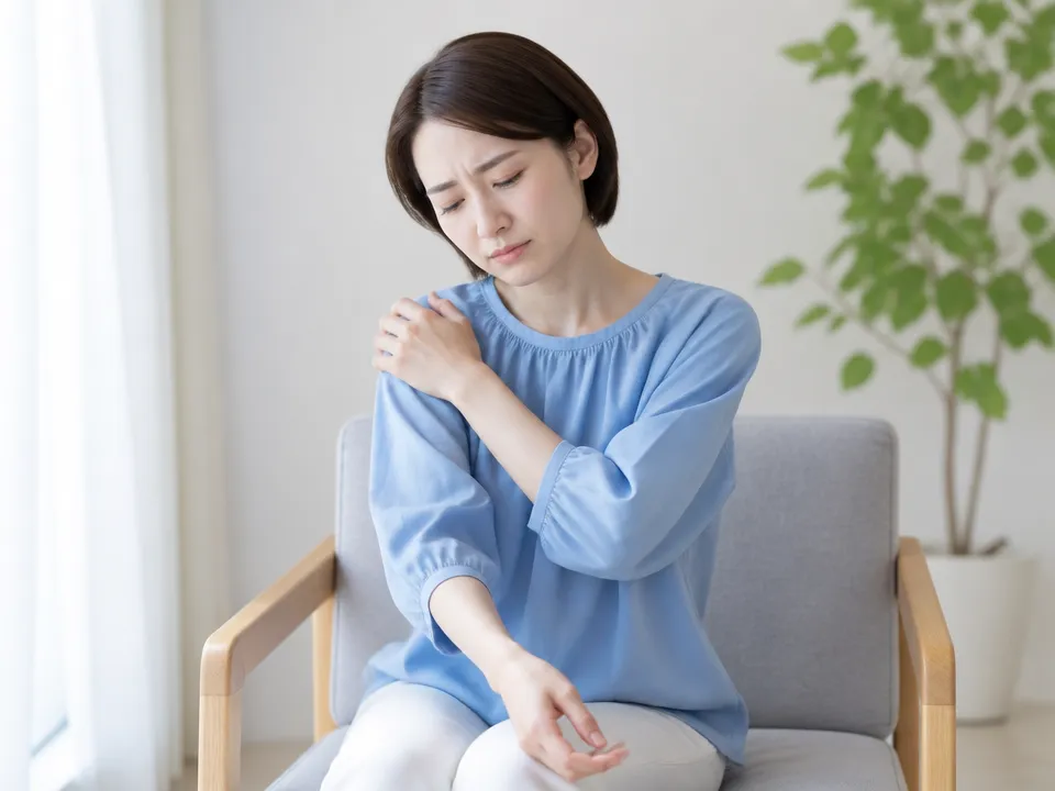 右肩の痛みと腕のしびれで不安そうな人