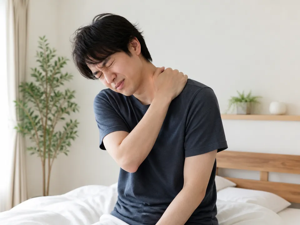 朝起きて右肩と首の寝違えに気付く人