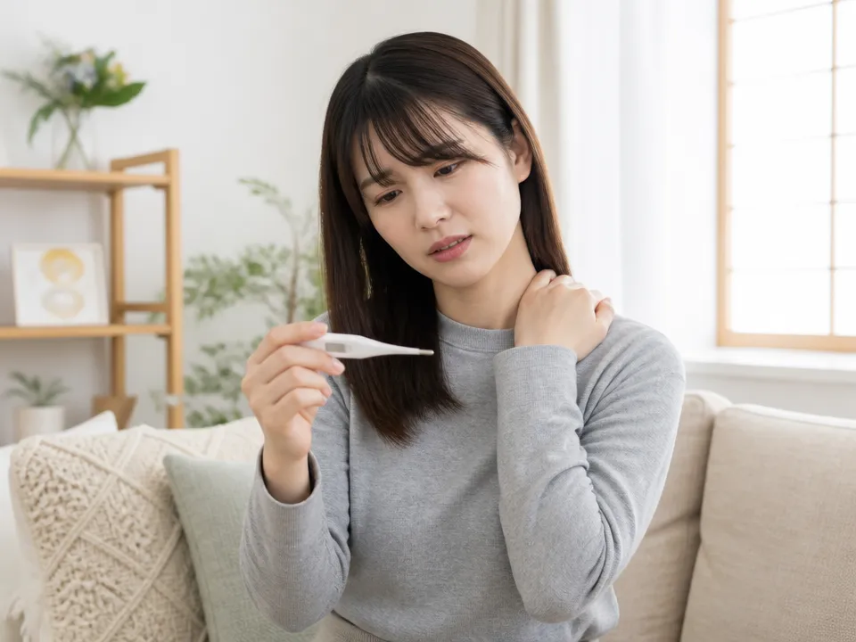 右肩の痛みと発熱など全身症状を確認する人