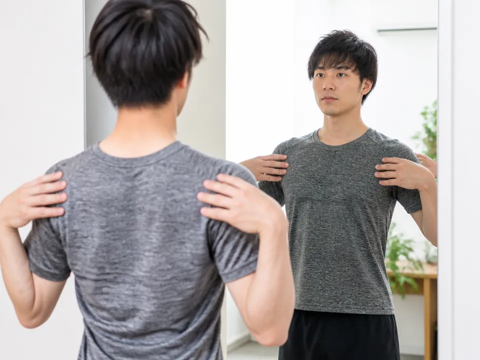 右側と左側の肩甲骨外側を比べて触る日本人男性