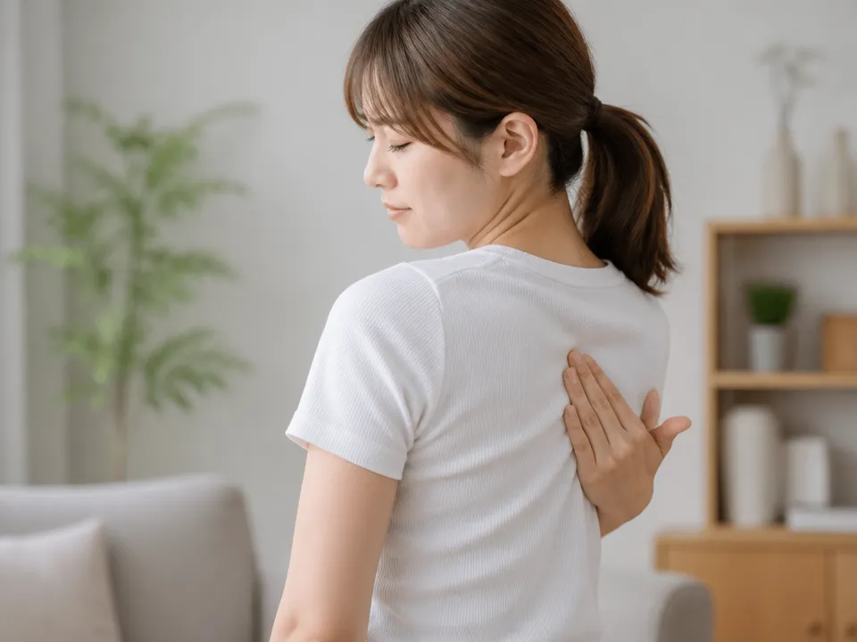 首や背中を動かしながら肩甲骨外側のこりの変化を確認する女性