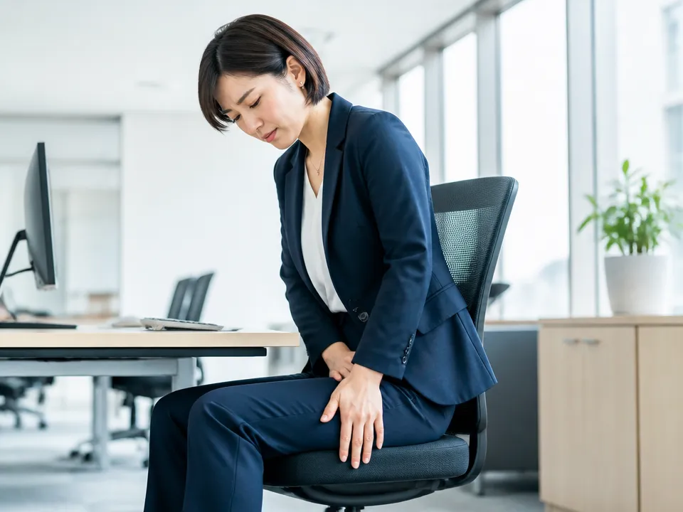 長時間座って太ももの張りを感じるデスクワークの人