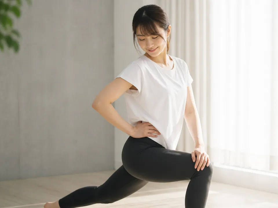 腰や股関節の動きを確認しながら太ももをケアする様子