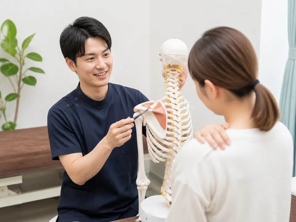 中村接骨院で肩の付け根のこりについて説明を受ける患者と院長