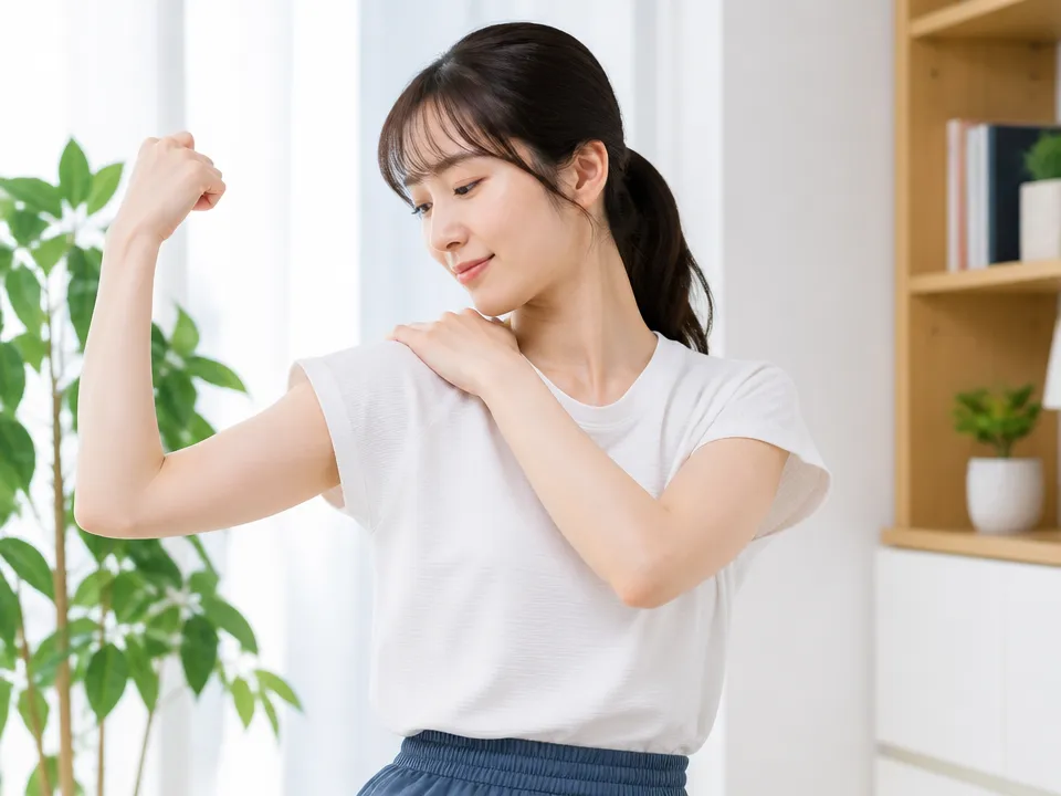 腕や首を動かしながら肩の付け根のこり具合を確認している人