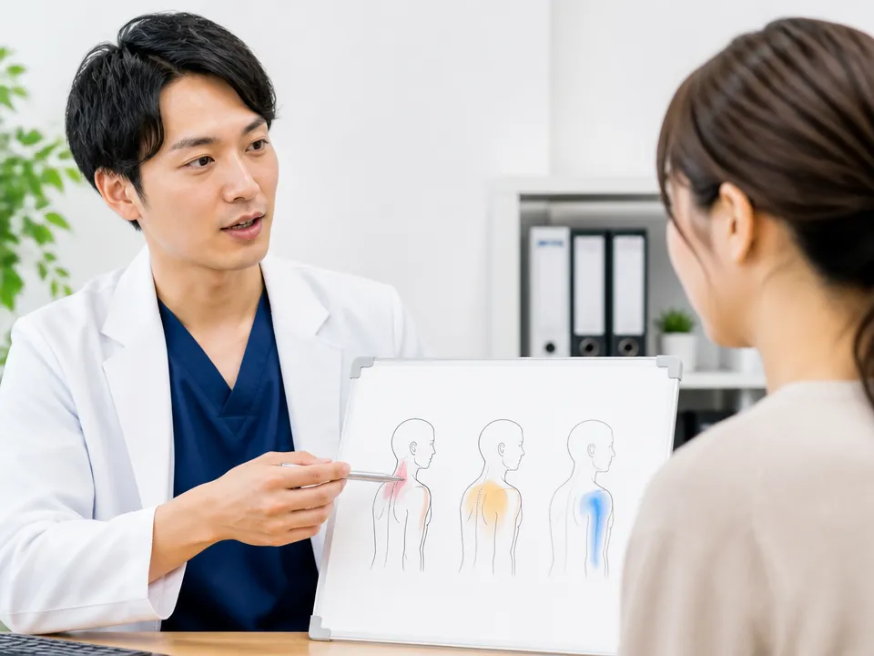こりと痛みやしびれの違いを意識している男女の図解イメージ