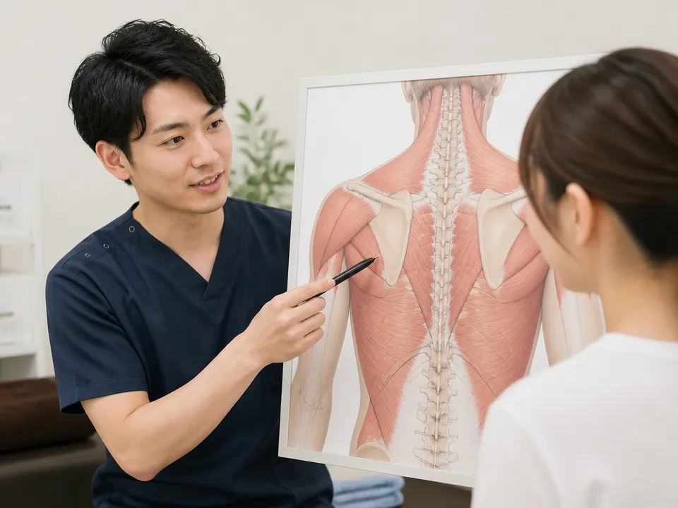 肩甲骨まわりの筋肉が固まり肩の付け根がこっている説明図