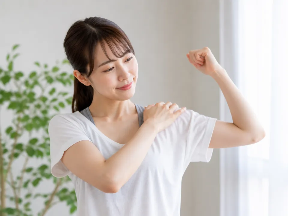 首や肩甲骨や腕を動かして肩の付け根のこりの原因をセルフチェックする人